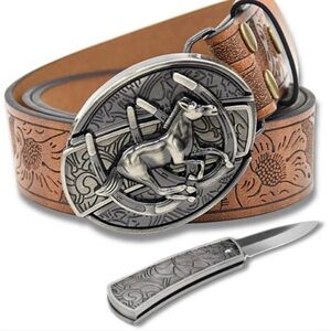 Embossed Tan Leather Belt with Horse Buckle